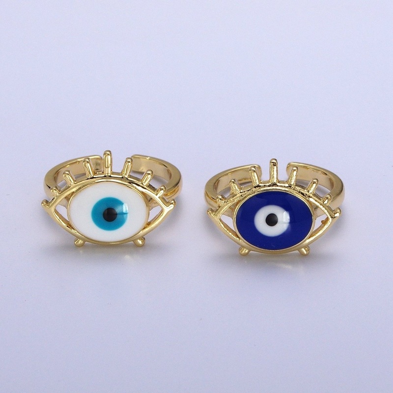 14K Gold Filled White, Blue Evil Eye Enamel Adjustable Ring | O-194 O-195 White
