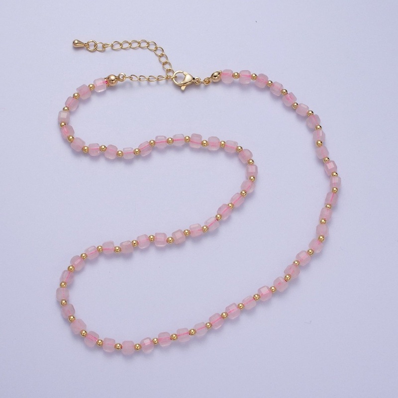 15.5 Inch Natural Pink Rose Quartz Multi Faceted Cube Gemstone w. Gold Bead Choker Necklace | WA-1427 Clearance Pricing