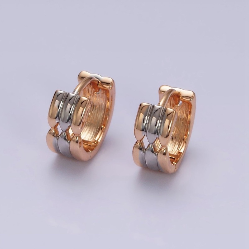 18K Gold Filled Triple Band Geometric Mixed Metal Wide 11mm Cartilage Huggie Earrings | AD1452