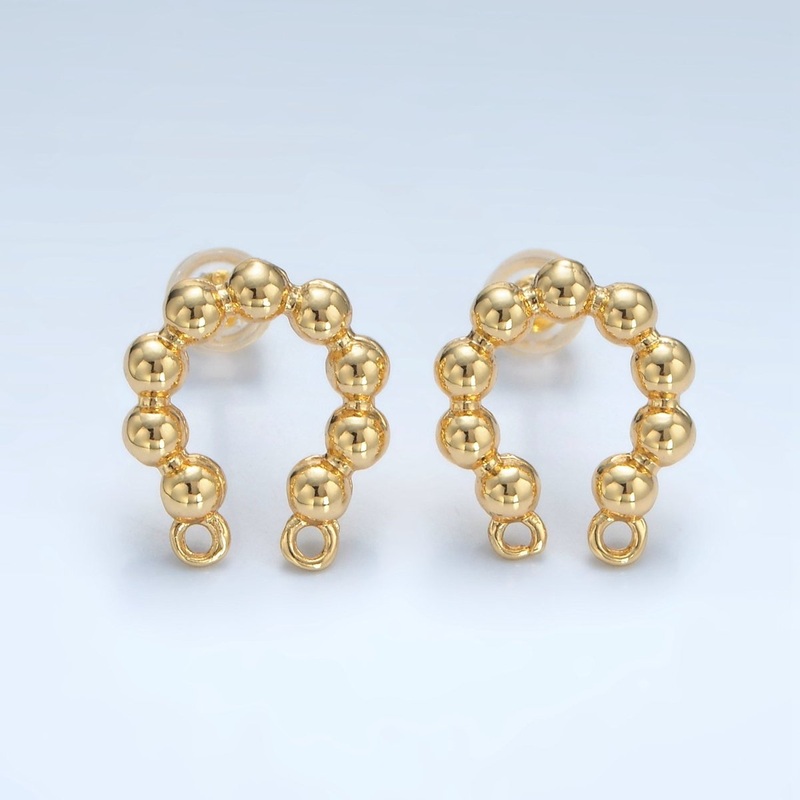 24K Gold Filled Beaded Bubble Curved Double Loop Drop Stud Earrings Findings | Z937