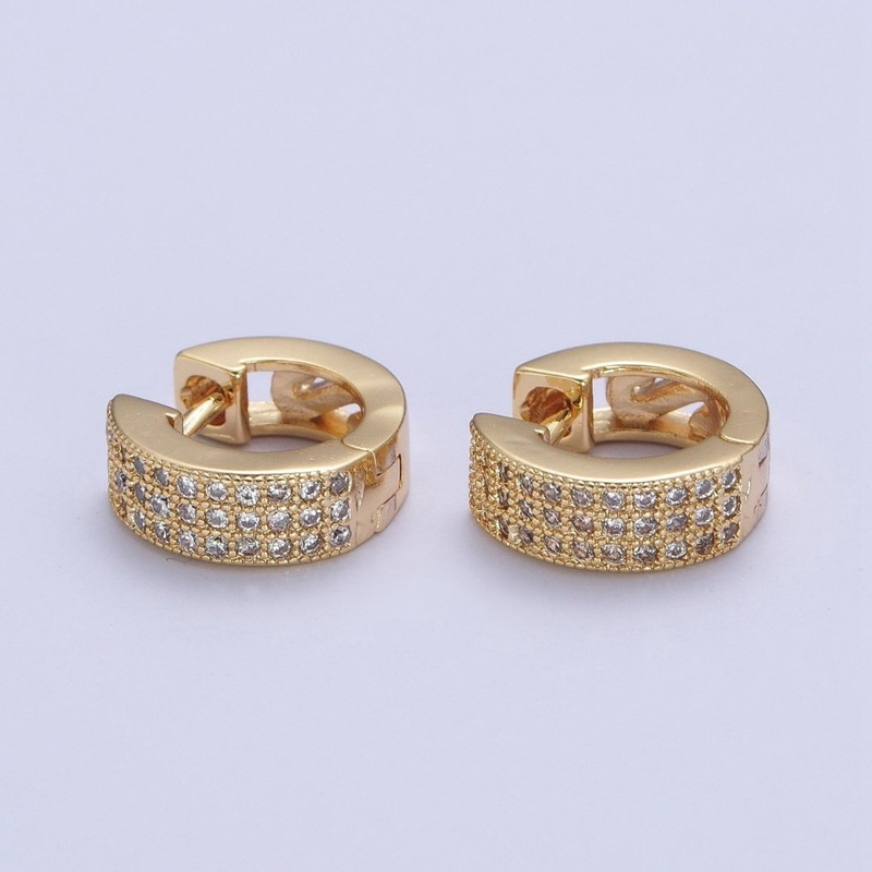 24K Gold Filled Micro Paved Cubic Zirconia Wide Huggie Hoop Earrings | T-106
