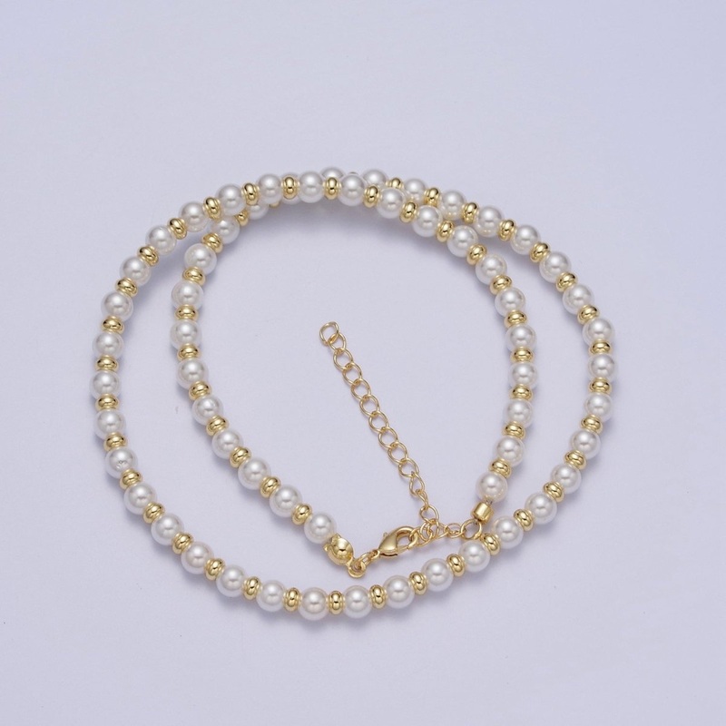 3mm, 4mm, 5mm, 6mm Round White Shell Pearl Beaded Spacer 16 Inch Gold Filled Choker Necklace | WA-1277 – WA-1280 Clearance Pricing 4mm
