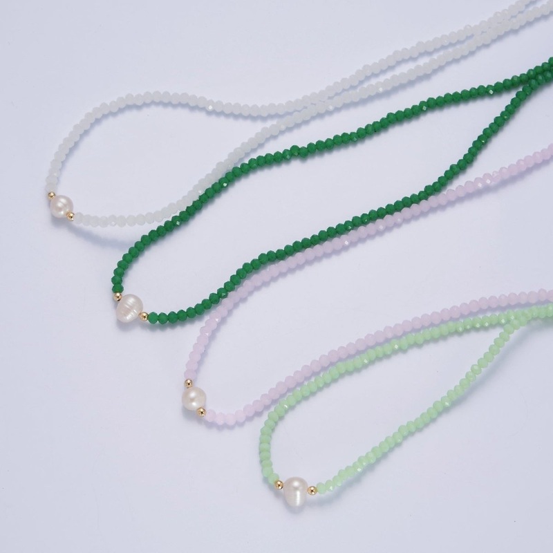 Dainty Pastel Color Glass Beaded Necklace Faceted Rondell Beads with Fresh Water Pearl Necklace | WA-1030 to WA-1033 Clearance Pricing Green