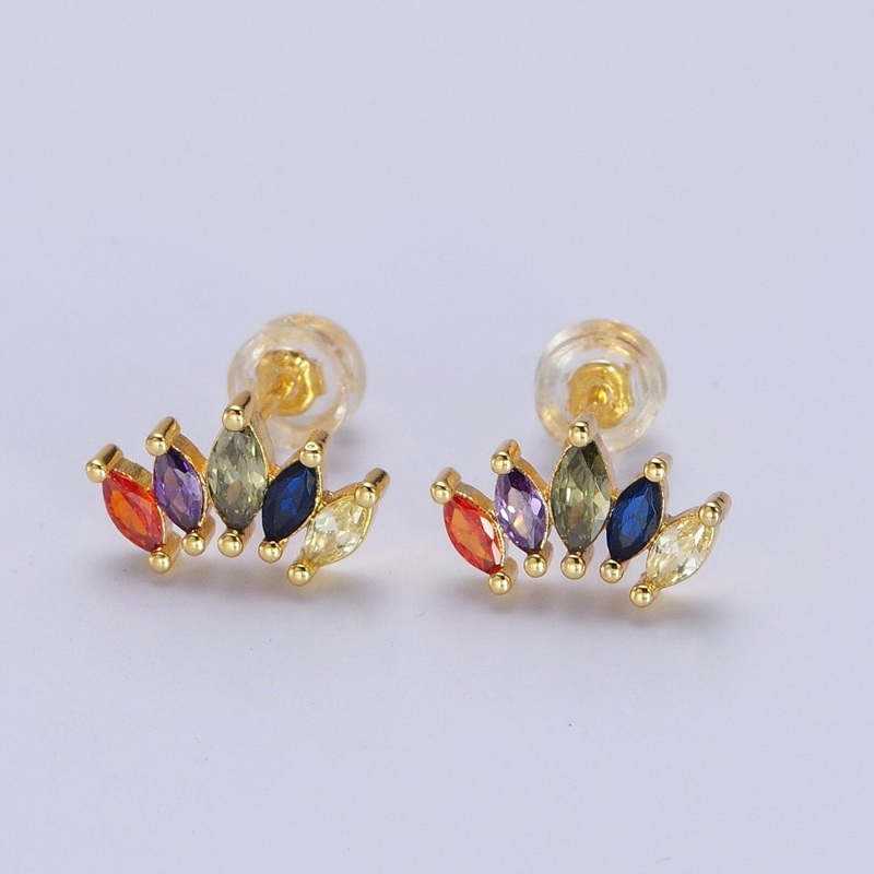 Rainbow Multicolor Marquise CZ Fan Lined Gold Stud Earrings | AD-564