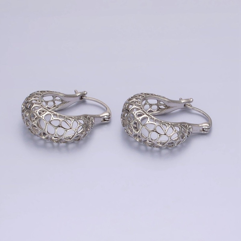 Rhodium Plated Geometric Filigree Open Dome French Lock Latch Hoop Earrings | AE206
