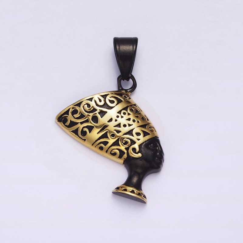 Stainless Steel 34mm Queen Nefertiti Egyptian Goddess Gold-Accented Black Pendant J-690