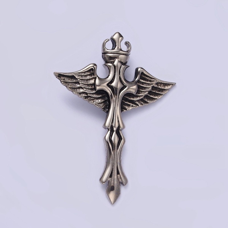 Stainless Steel 46.5mm Artisan Fleury Cross Crown Feather Wings Pendant | P-805
