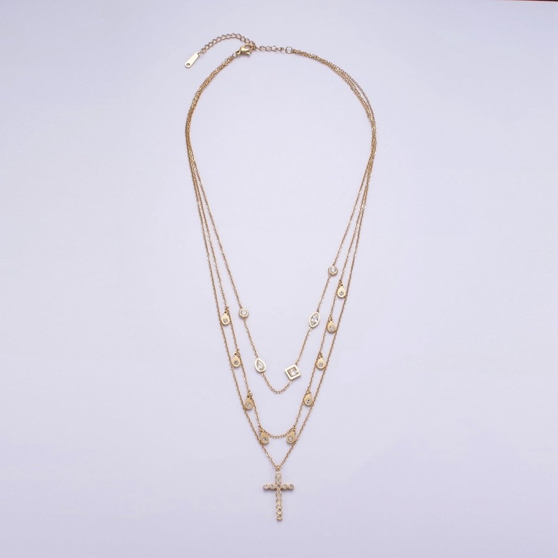 Stainless Steel Cross Geometric CZ Drop Triple Rolo Chain Layering Necklace w. 2 Inch Extender | WA-2548