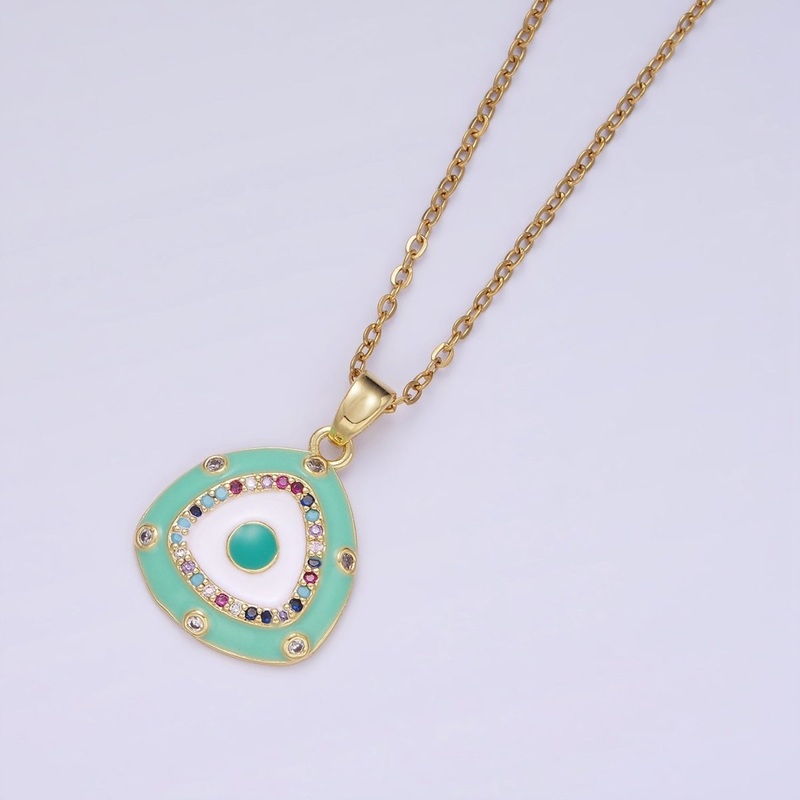 Stainless Steel Evil Eye Micro Paved Enamel Triangle Cable 16 Inch Choker Necklace | WA-2413