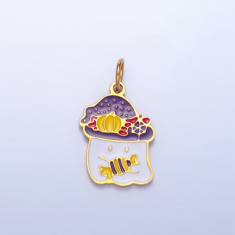Stainless Steel Ghost Witch with Candy Pumpkin Hat Enamel Halloween Holiday Charm | P1535