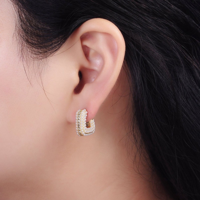 14K Gold FIlled 15mm Pearl Micro Paved CZ Lined Boxy J-Shaped Earrings in Gold | AE1007 Gold