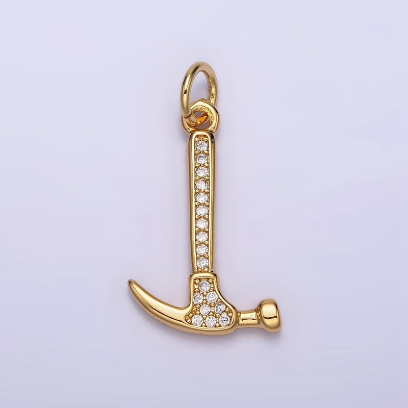 14K Gold Filled 26mm Clear Micro Paved CZ Hammer Construction Tool Charm | N1103