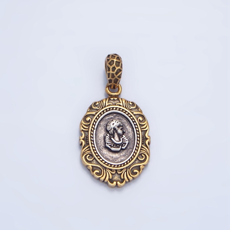 14K Gold Filled Artisan Girl Portrait Mixed Metal Pendant | AA126