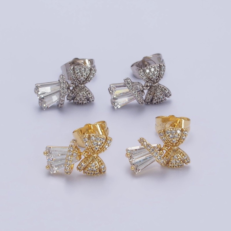 14K Gold Filled Micro Paved CZ Ribbon Bow Clear Baguette Dangle Stud Earrings | AB162 Gold