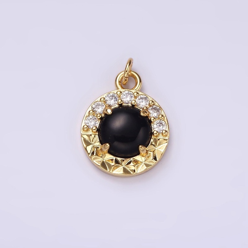 14K Gold Filled Onyx Sunburst Micro Paved CZ Round Bezel Charm | AG489