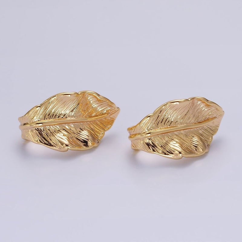 16K Gold Filled 25mm Nature Leaf Textured J-Shaped Hoop Earrings | AE889