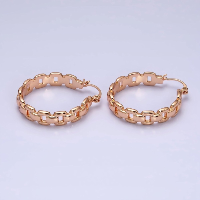 18K Gold Filled Cable Chain Link 30mm French Lock Hoop Latch Earrings | AD1366