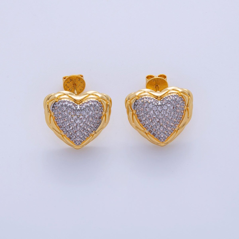18K Gold Filled Mixed Metal Micro Paved CZ Molten Heart Stud Earrings | AI345