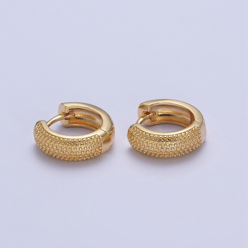 24K Gold Filled 14mm Textured Beaded Huggie Hoop Earrings T-186