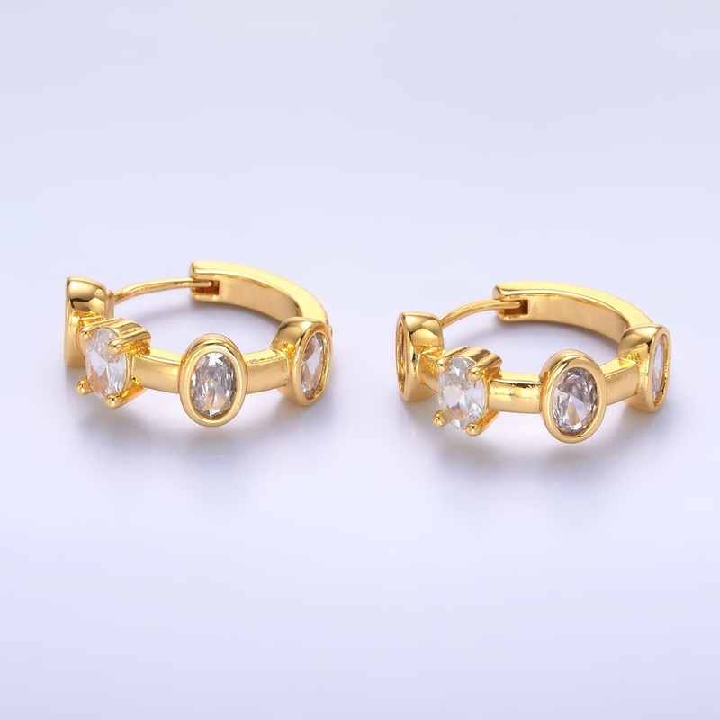24K Gold Filled Oval CZ Bezel Huggie Hoop Earrings | V519