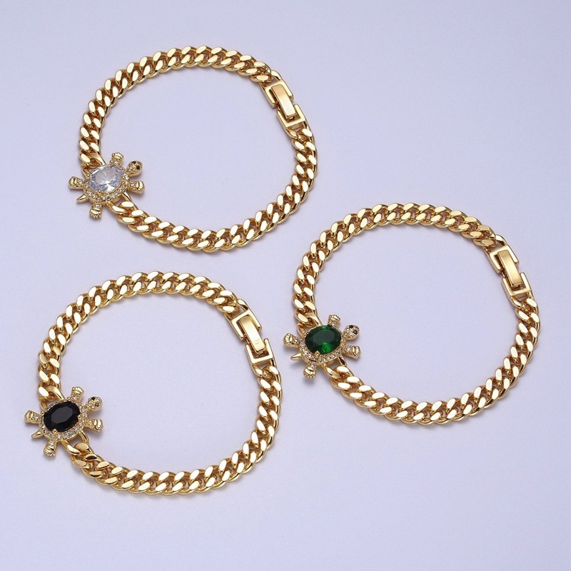 24K Gold Filled Sea Turtle Micro Paved Cubic Zirconia Curb Bracelet | WA-1300 WA-1301 WA-1302 Clearance Pricing Green