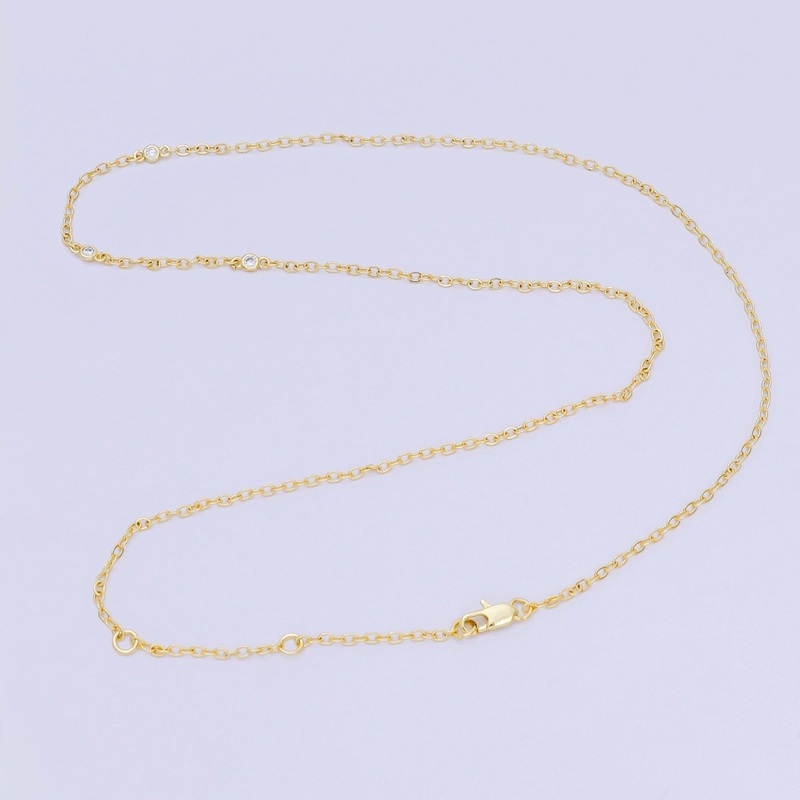 24K Gold Filled Triple Micro Paved CZ Station Anchor Link Chain Necklace 18 Inch | WA-3362