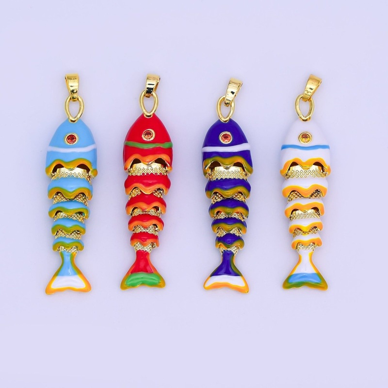 24K Gold Filled White, Blue, Red Fish CZ Multidimensional 3D Pendant | AH497 AH498 White