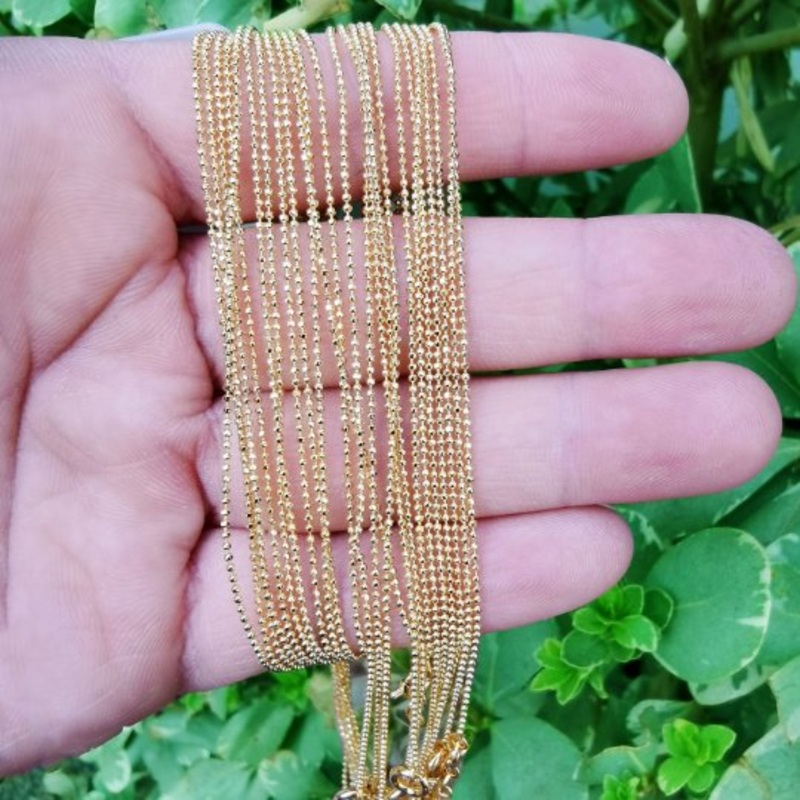 24K Gold Plated Beaded Ball Finished Chain For Necklace Making, 19.9 inch Bead Chain, Dainty 1mm Bead Necklace w/ Spring Ring | CN-834  Clearance Pricing