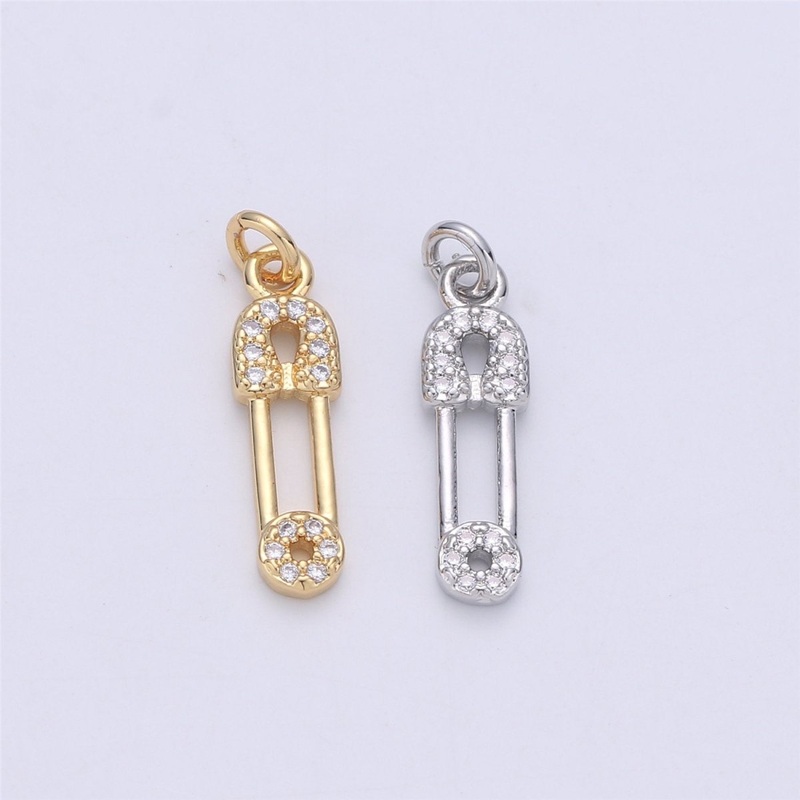 Micro Pave Gold Safety pin charm 1 piece, 20x5mm 14k gold plated brass, Nickel free, Cubic zirconia, Dainty charm C-922 Gold