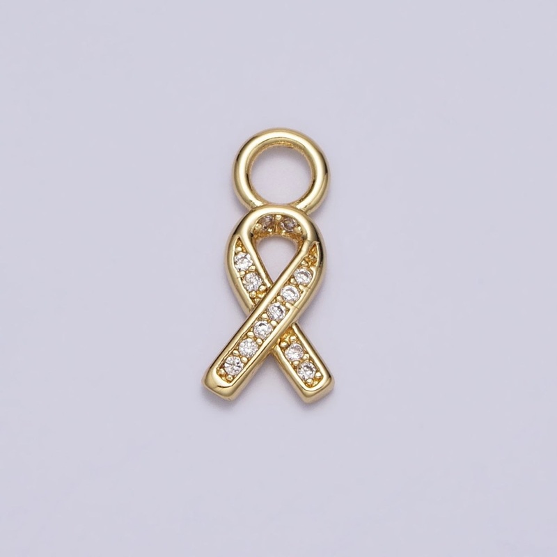 Mini Breast Cancer Awareness Ribbon Clear Micro Paved CZ Gold Charm | AC-242