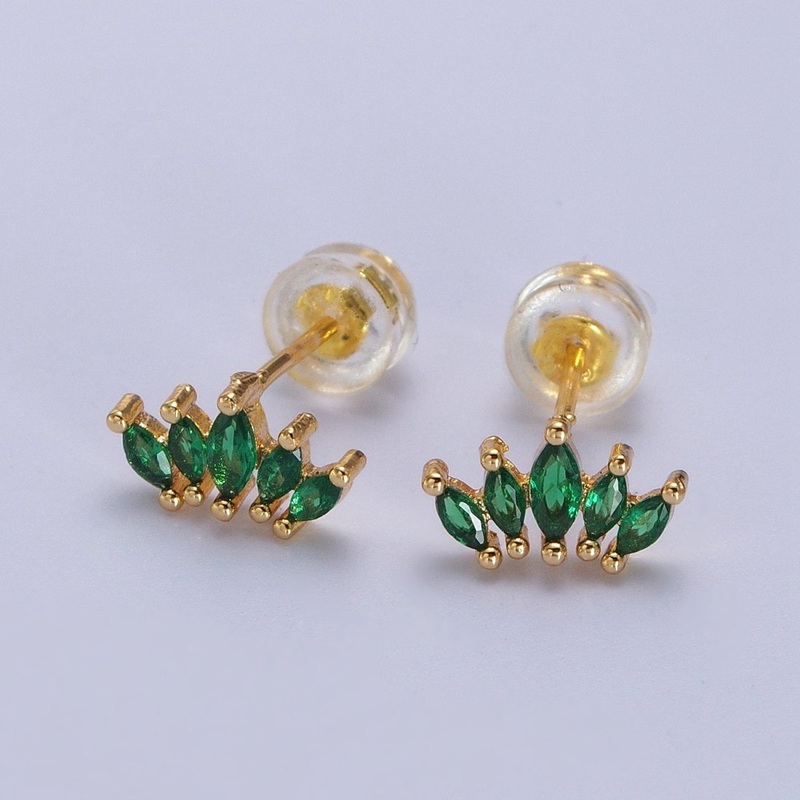 OS Emerald Green Marquise CZ Fan Lined Gold Mini Stud Earrings | AB019