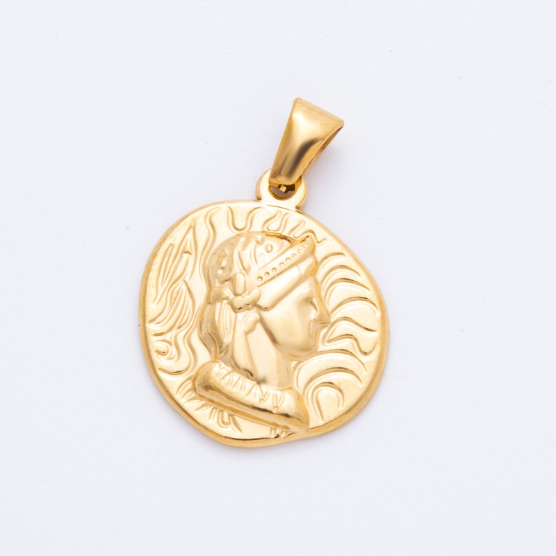 Stainless Steel 28mm Athens King Textured Round Pendant Charm | J550