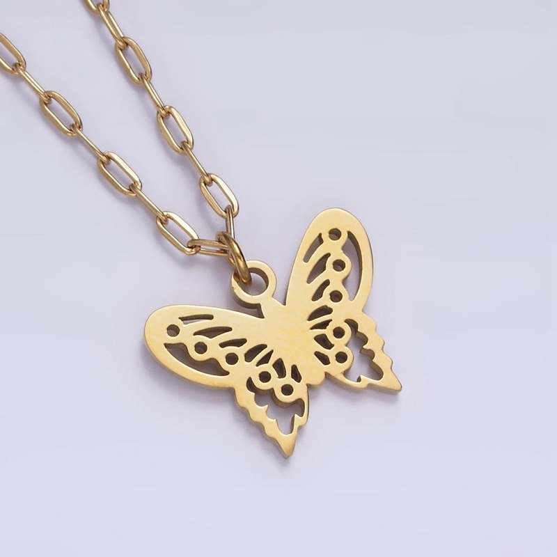 Stainless Steel Butterfly Open Wings Charm 17 Inch Paperclip Chain Necklace | WA-2080 Clearance Pricing