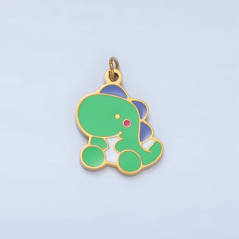 Stainless Steel Green Baby T-Rex Dinosaurs Enamel Charm | P693