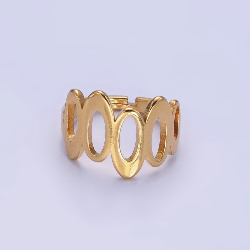 Stainless Steel Open Oval Bezel Lined Geometric Minimalist Ring | O1291