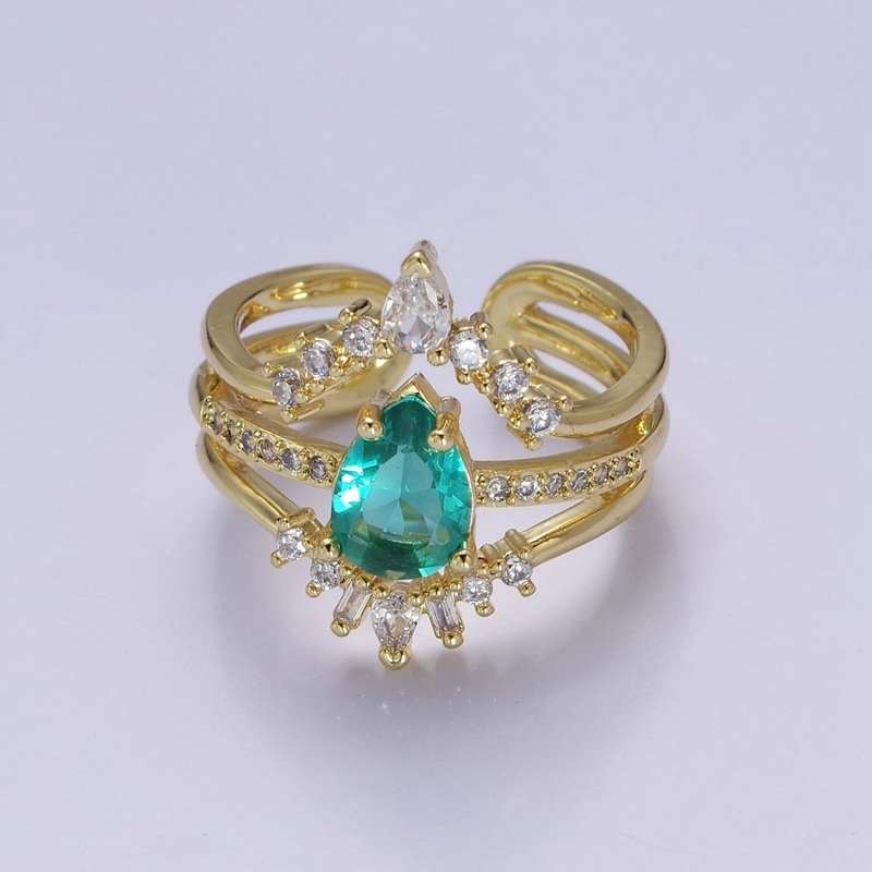 Teardrop Aqua CZ March Birthstone Micro Paved Triple Band Statement Gold Ring | O-2182