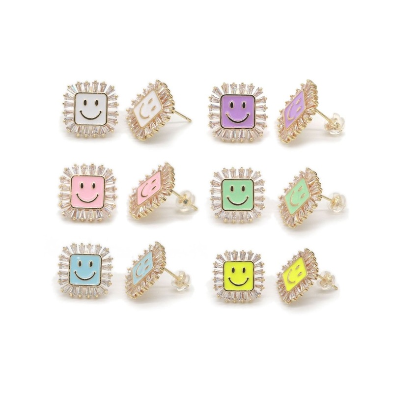 1 pair Dainty Happy face Square stud earrings, gold Enamel smile stud, smiley earrings, kawaii Cute earring emoji earrings korean earring White