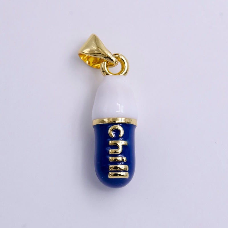 14K Gold “Chill” Script Dark Blue Enamel Oblong Pill Pendant | AA777