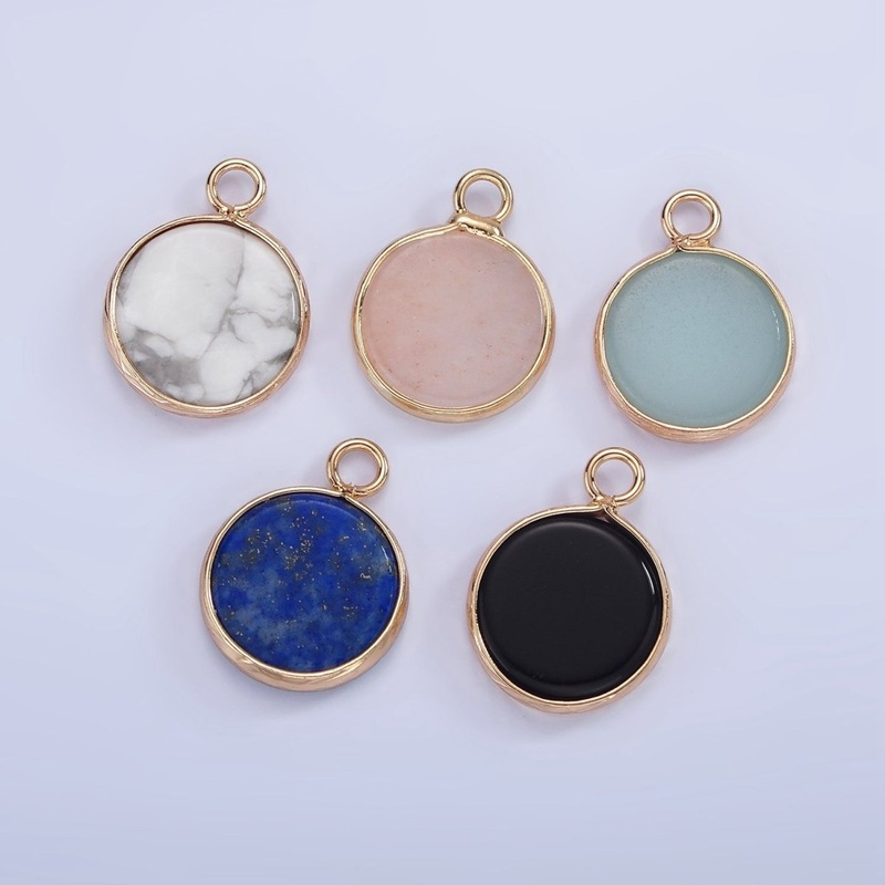 14K Gold Filled Amazonite, Pink Quartz, Onyx, Howlite, Blue Lapis Round Bezel Charm | N1691 – N1695 Amazonite