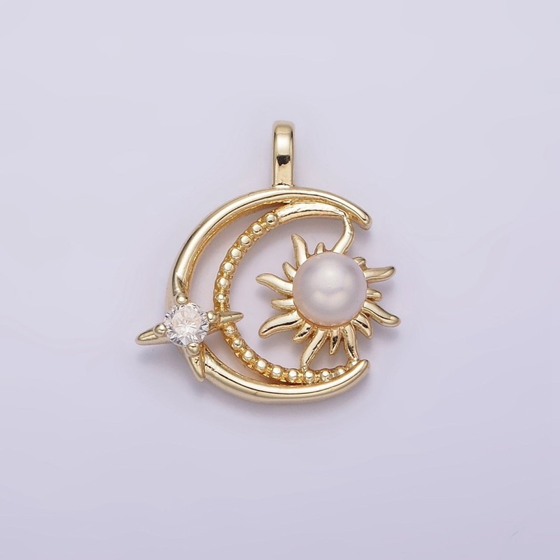 14K Gold Filled Celestial Beaded Crescent Moon Pearl Sun CZ Star Pendant | AA633
