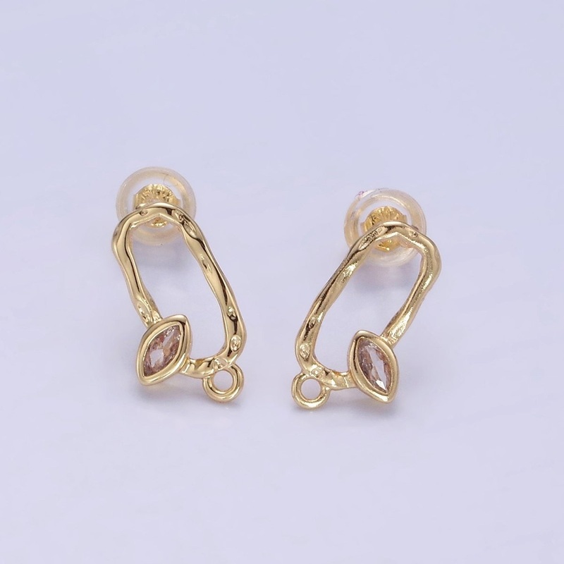 14K Gold Filled CZ Marquise Hammered Open Oblong Drop Stud Earrings Findings Set | Z704