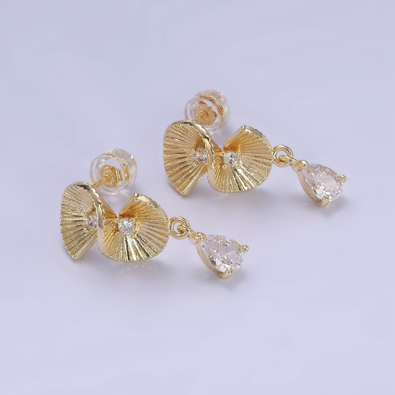 14K Gold Filled Double CZ Sunburst Twirled Teardrop Drop Stud Earrings | AB1275