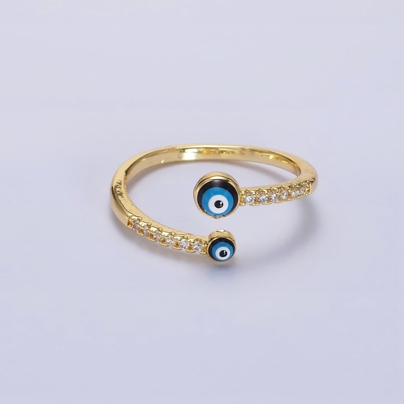 14K Gold Filled Double Evil Eye Enamel Clear Micro Paved CZ Open Ring | O-600