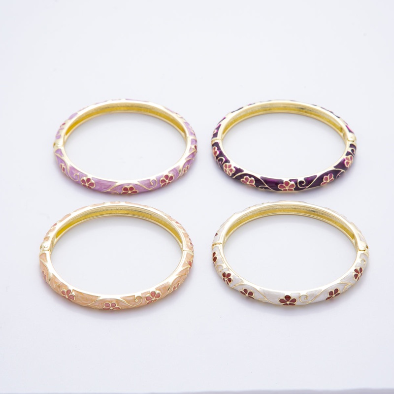 14K Gold Filled Enamel Artisan Floral Linked Open Round Bangle Bracelet in Purple, Pink, & White | WA-A3769 – WA-A3772 Dark Purple