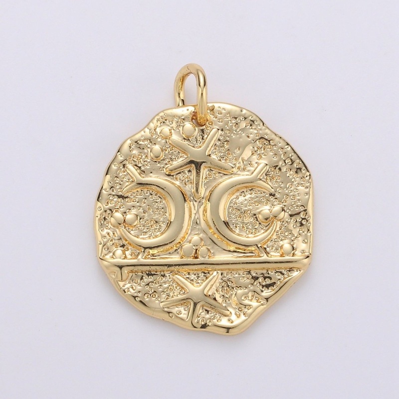 14k Gold Filled Moon and Star Medallion Pendant Celestial Astrology Round Disc Charm Pendant, Vintage Coin for Layer Necklace Earring Supply D-716