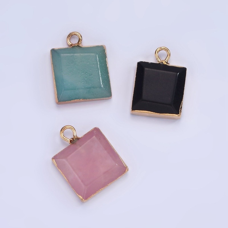 14K Gold Filled Onyx, Amazonite, Pink Quartz Square Bezel Charm | N1688 – N1690 Onyx