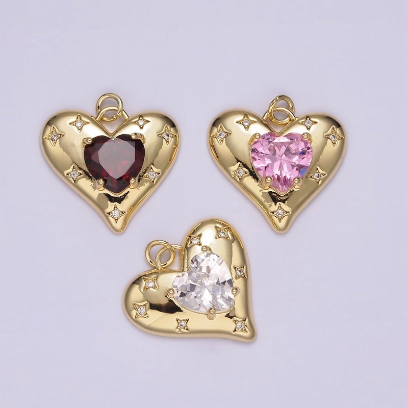 14K Gold Filled Red, Pink, Clear CZ Celestial Stars Heart Charm | AG500 – AG502 Red