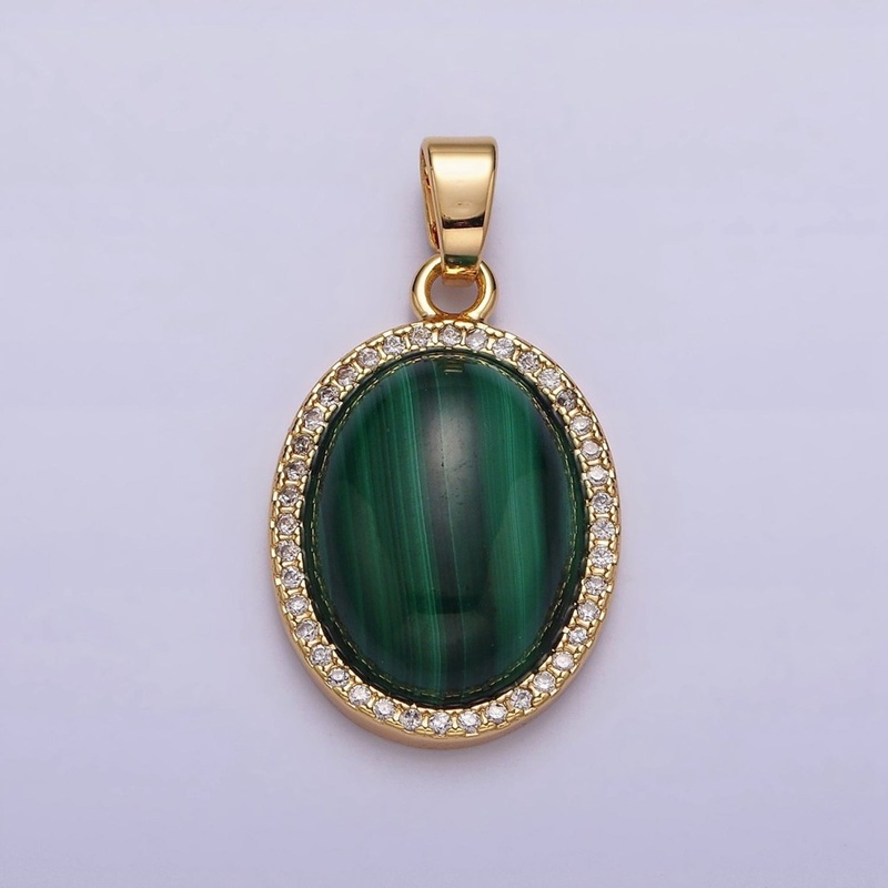 16K Gold Filled 28mm Malachite Natural Gemstone Oval Cabochon Micro Paved CZ Pendant | AA436
