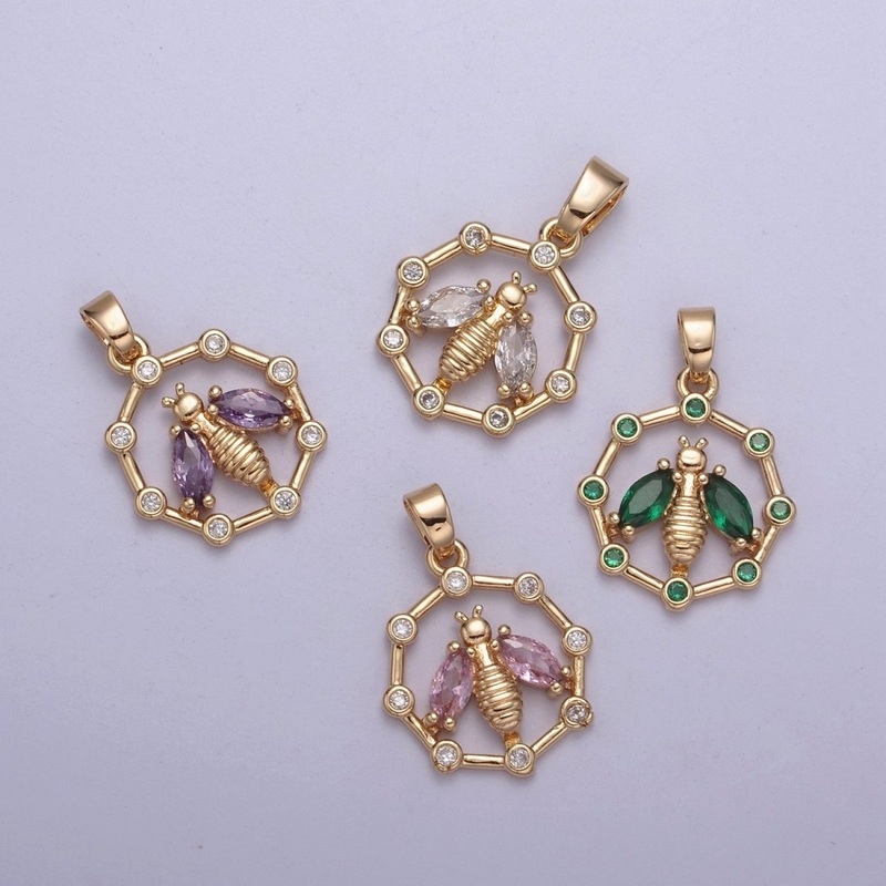 16K Gold Filled Bumble Bee Hexagonal Green, Pink, Clear, Purple CZ Point Open Pendant H-406 H-408 H-409 H-410 Green
