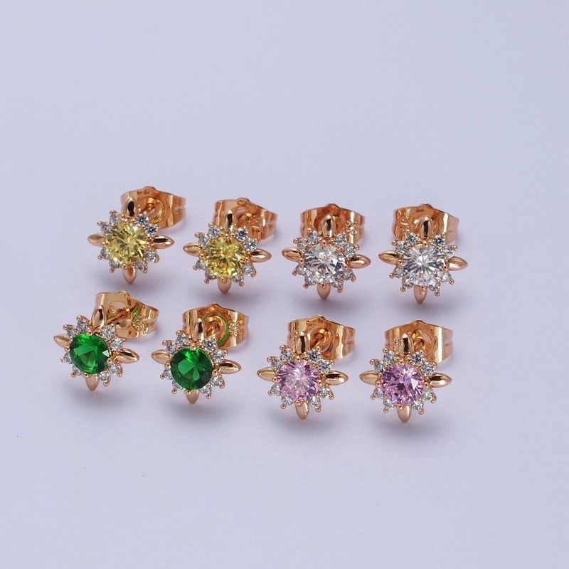 18K Gold Filled Clear, Yellow, Pink, Green CZ Celestial Sun Stud Earrings | AD-299~AD-302 Clear
